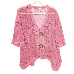 Lulu-B Sharkbite Cardigan Pink Mesh Knit Oversized Beachy Button Up XL